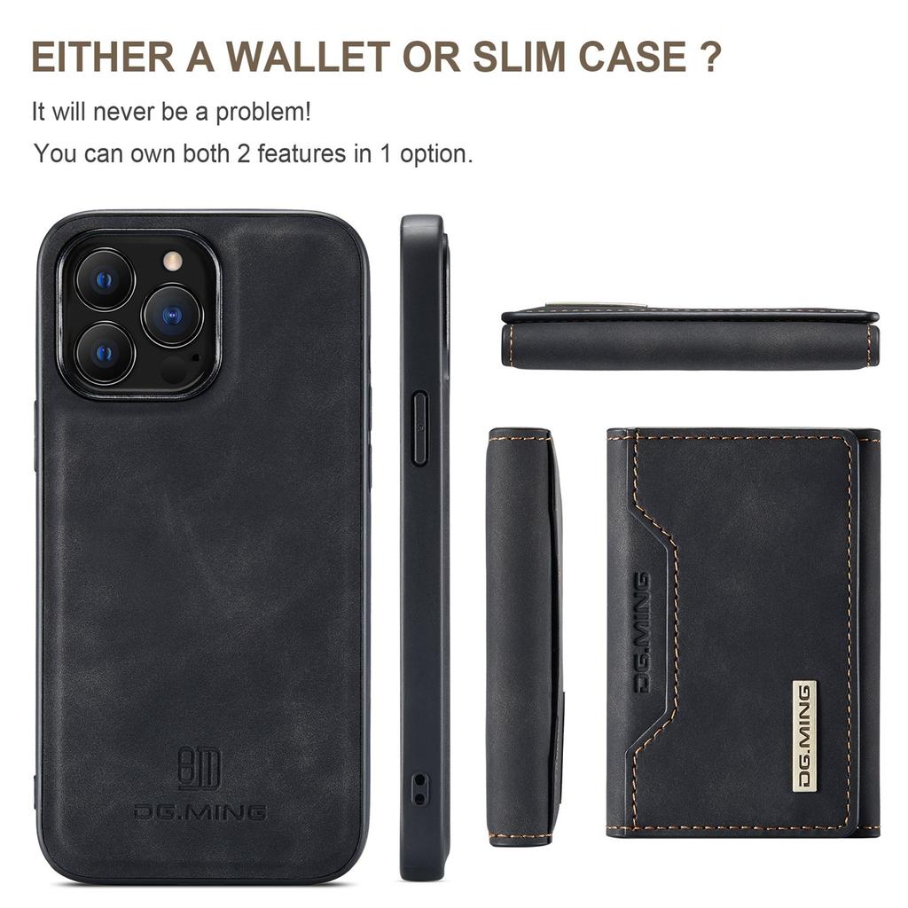 DG.MING M2 Series for iPhone 15 Pro Anti-Drop Kickstand Case PU+PC+TPU Magnetic Wallet Phone Cover