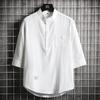 Men's White Linen Henley Shirt, Casual 3/4 Sleeve Stand Collar Top with Pocket for Summer