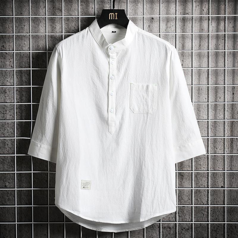 

Мужская белая льняная рубашка-henley, Повседневный топ с 3/4 рукава и воротником-стойкой с карманом для лета S белый