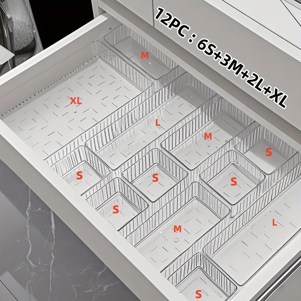 12pcs Adjustable Acrylic Drawer Dividers - Space-Saving Organizer for Desk Vanity and Office Supplies Ideal for Cosmetics and Stationery Storage 12PCS【6S+3M+2L+XL】