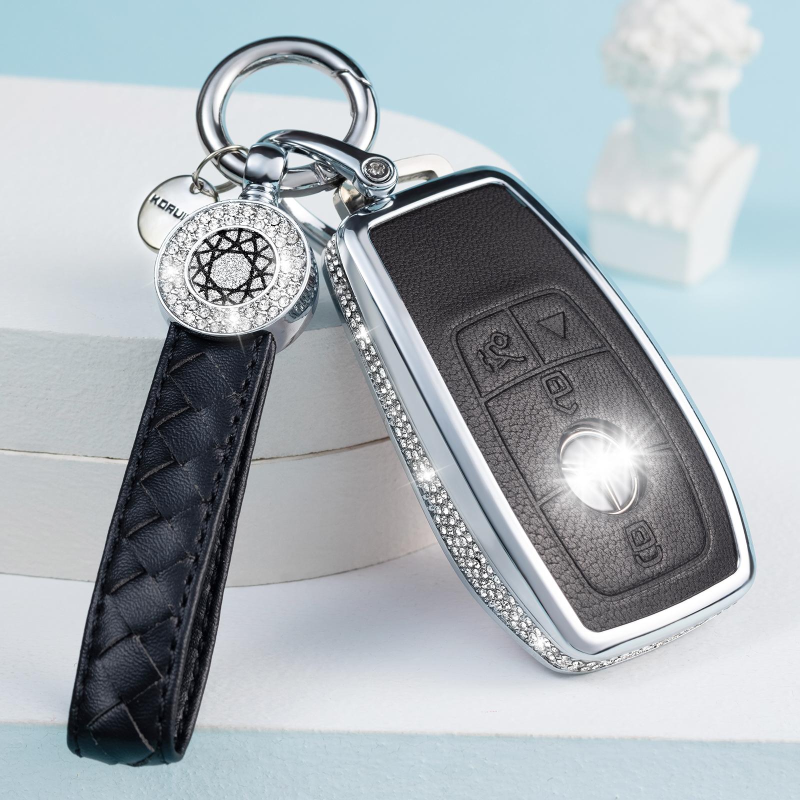 

for Mercedes Benz Key Fob Cover with Keychain, Pink Genuine Leather Crystal Key Case Protection Shell Compatible with A C G E S чорний