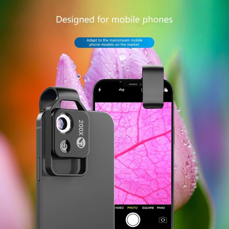 200X LED Lighted Pocket Microscope with Builtin LED Universally Smartphone Digiscoping Adapter Clip Macro Lens