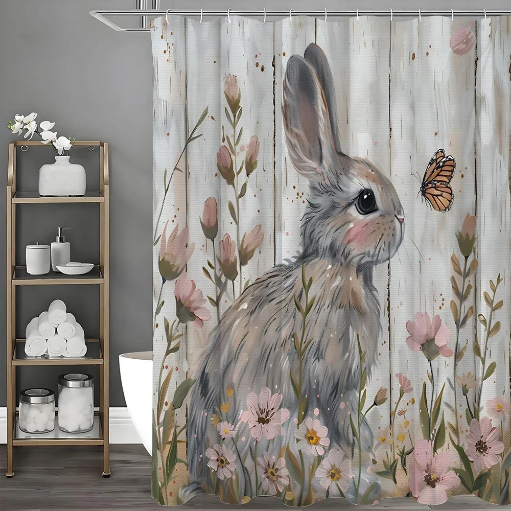 Cute Bunny Shower Curtain, Spring Floral Bathroom Decorative Shower Curtain, Waterproof Shower Curtain With Hooks