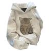 Women's Cat Print Fleece-Lined Hoodie - College Style, Loose Fit for Autumn/Winter 2024