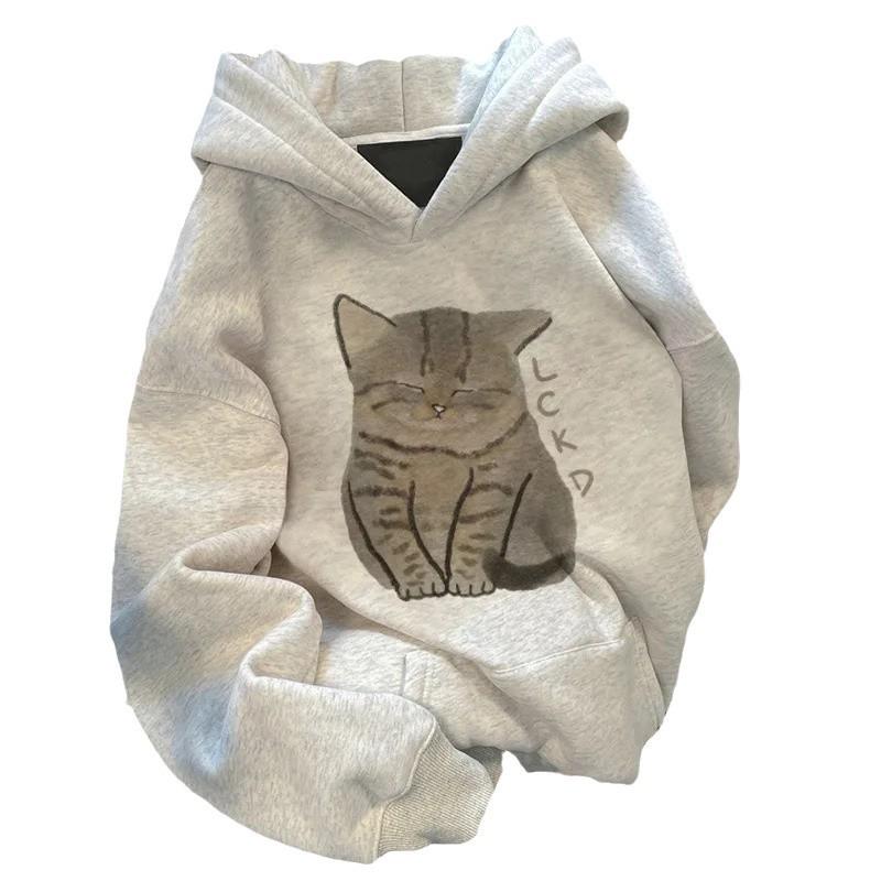 Women's Cat Print Fleece-Lined Hoodie - College Style, Loose Fit for Autumn/Winter 2024