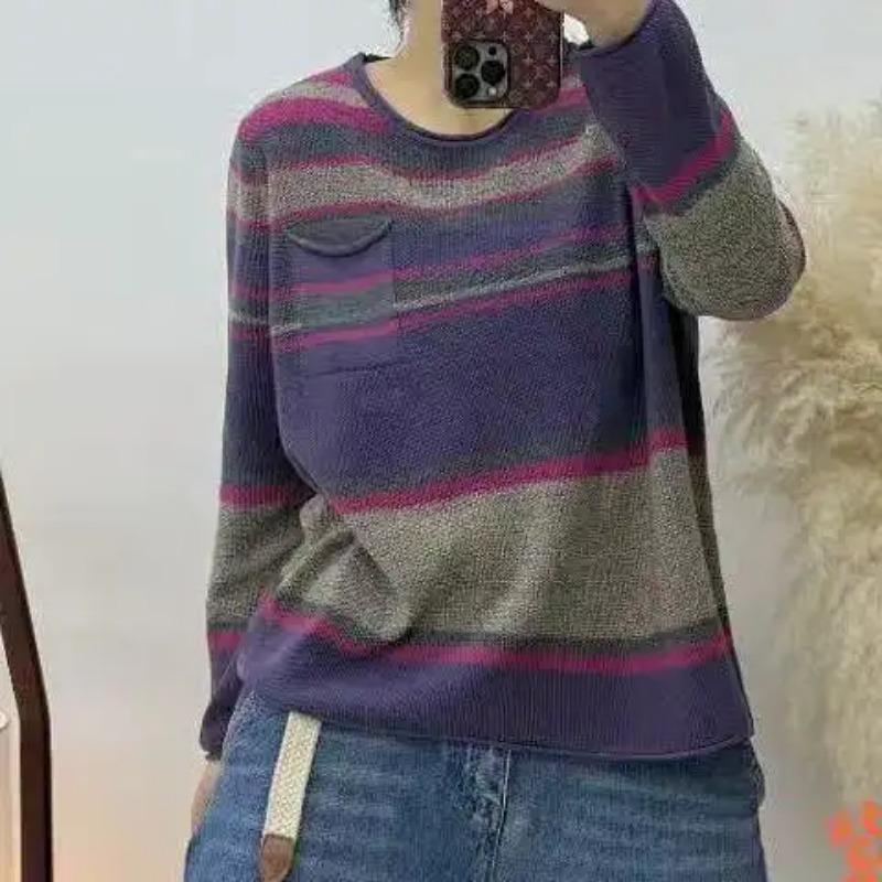 

Counter Large Size Striped Color-blocked Dopamine Autumn Long-sleeved Sweater Loose 3XL фіолетовий