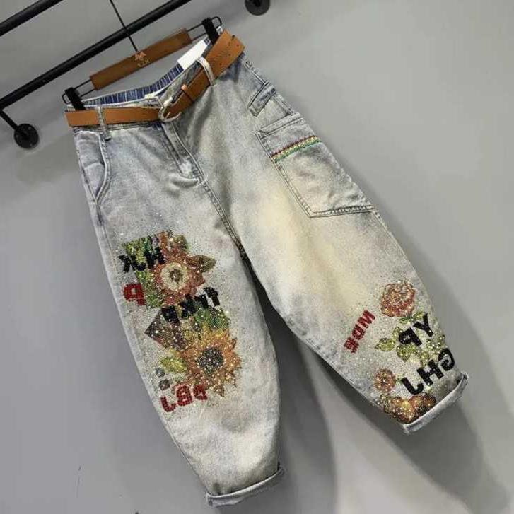 Pantalones Harem Sueltos de Cintura Alta Lavados con Estampado de Perforación de Industria Pesada Jeans de Pierna Ancha