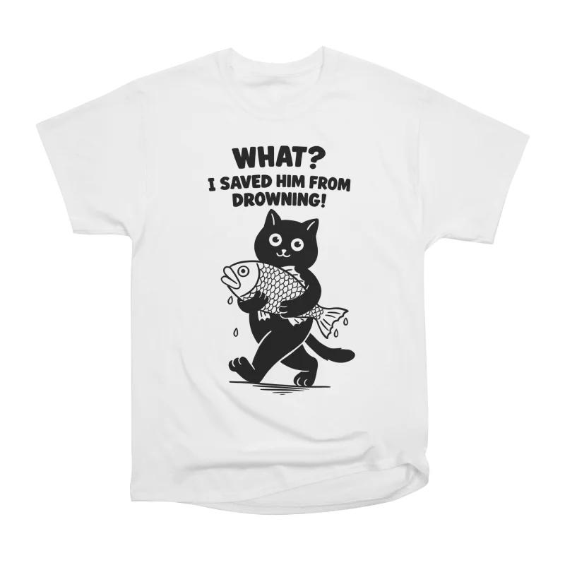 Men Casual Shirts Short Sleeves CAT AND FISH Tees Oversized T-shirts S