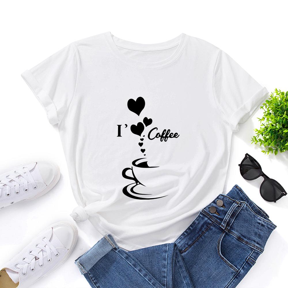 I Heart Coffee Cotton T-Shirt Short Sleeve Round Neck Women 2d Print Tops