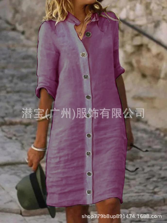 New European and American women's clothing spring and summer shirt collar large round button pure cotton cotton and linen dress