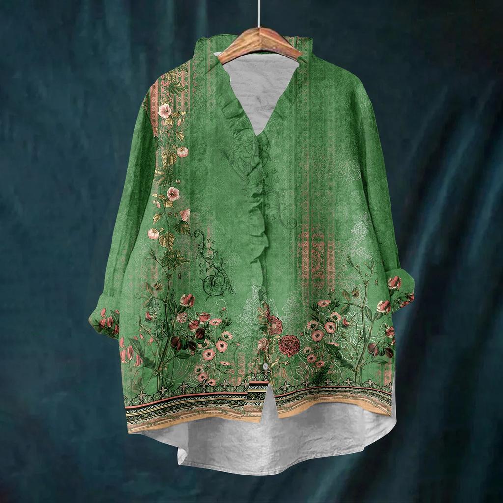 Damen Locker Rüschen Floralprint Stehkragen Langarm Baumwolle und Leinen Top