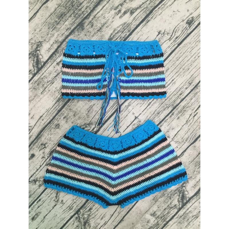 

2025 Европейские и американские сексуальные купальники, Пляжные повседневные вязаные купальники, Модное бикини из двух частей без бретелек для женщин L синий