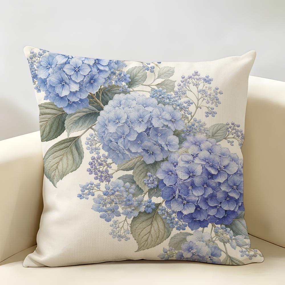 Blue Hydrangea Floral Cushion Cover Durable Hypoallergenic Organic Linen Pillow Cover Short Size Washable SkinFriendly
