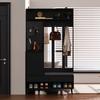 Coat Rack Set, Wall Coat Rack, Hallway Coat Rack Set with Shoe Bench, 4 Clothes Hooks, Two Drawers and 1 Door, Black, 100 L x 35 W x 180 H cm
