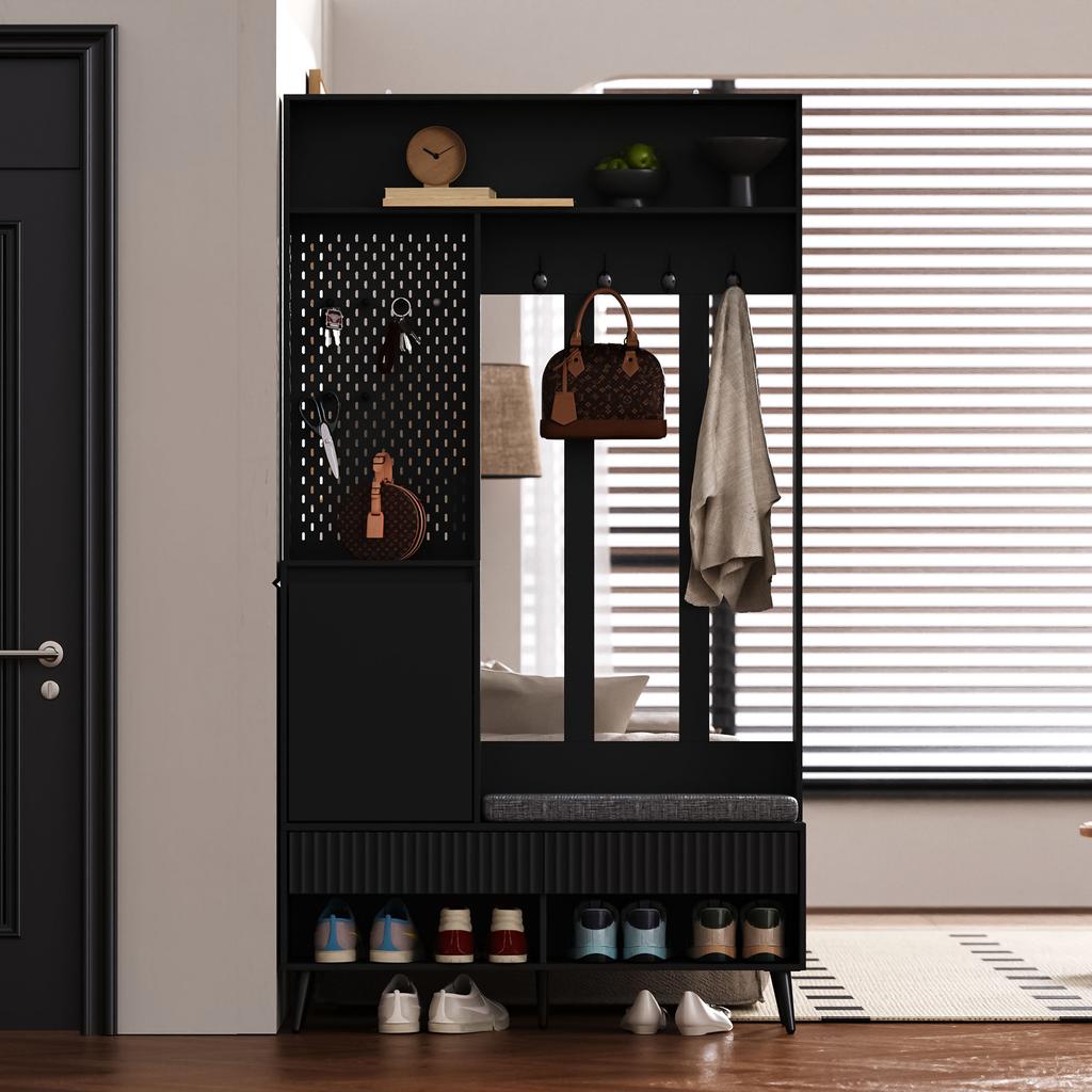 Coat Rack Set, Wall Coat Rack, Hallway Coat Rack Set with Shoe Bench, 4 Clothes Hooks, Two Drawers and 1 Door, Black, 100 L x 35 W x 180 H cm