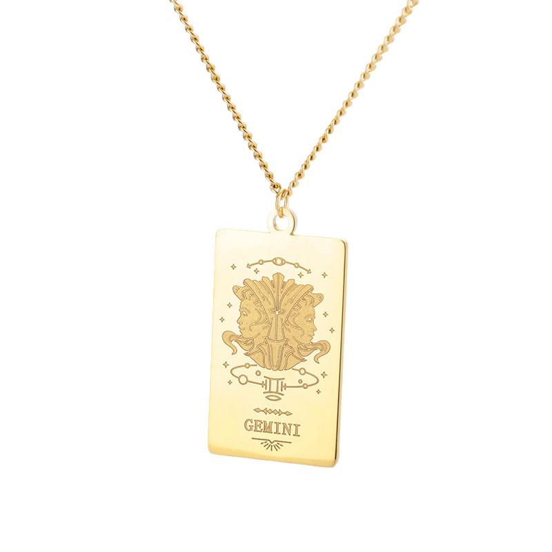 European 12 Constellations Stainless Steel Square Pendant Necklace for Men & Women - Retro Hip Hop Style Titanium Steel Jewelry