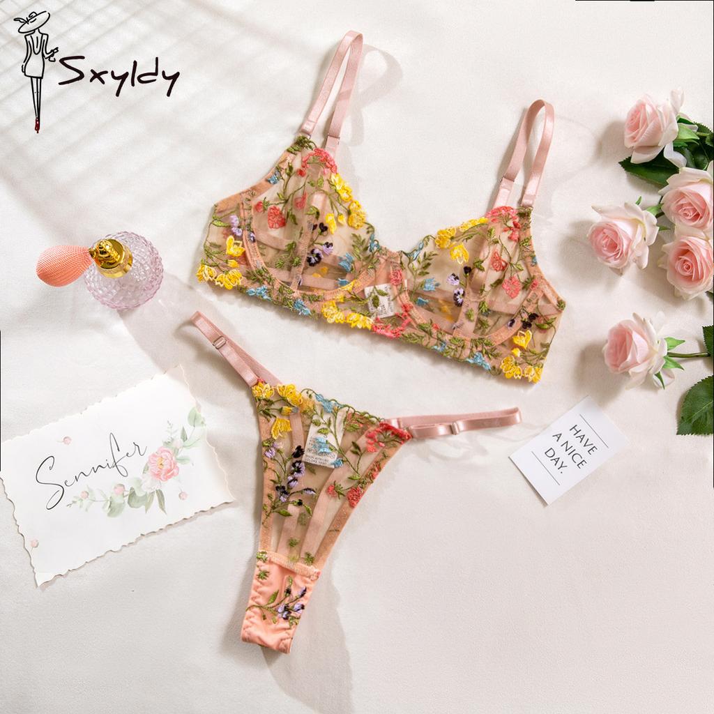 Sexy, einlagiger Bügel-BH mit kleinem Blumenmuster, verstellbarer Tanga, sexy Unterwäscheset