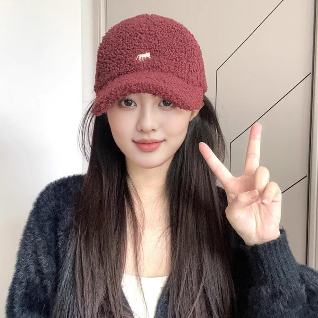 Embroidery little fox lamb wool baseball cap children autumn and winter warm versatile big head circumference plush cap