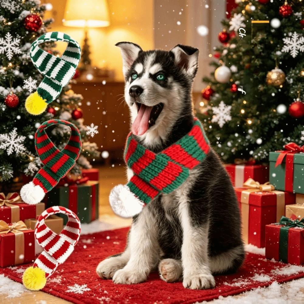 Knitted Knitted Dog Scarf Pompom Ball Dog Santa Scarves Cute Striped Pet Scarf Cats