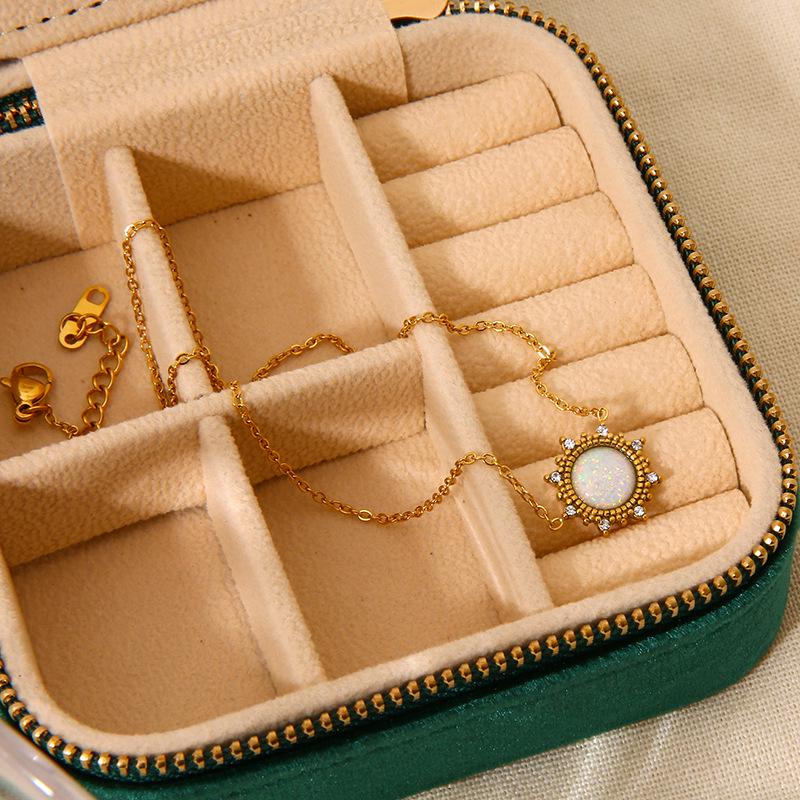 Europäisches & Amerikanisches Retro Schmuckset: 18K vergoldeter Edelstahl mit Opal-Sonnenkette, Armband und Ohrsteckern für Damen