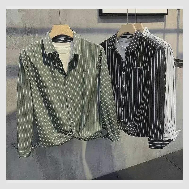 Men's Striped Embroidered Long Sleeve Lapel Shirt - Casual, Iron-Free, Slim Fit, Autumn.