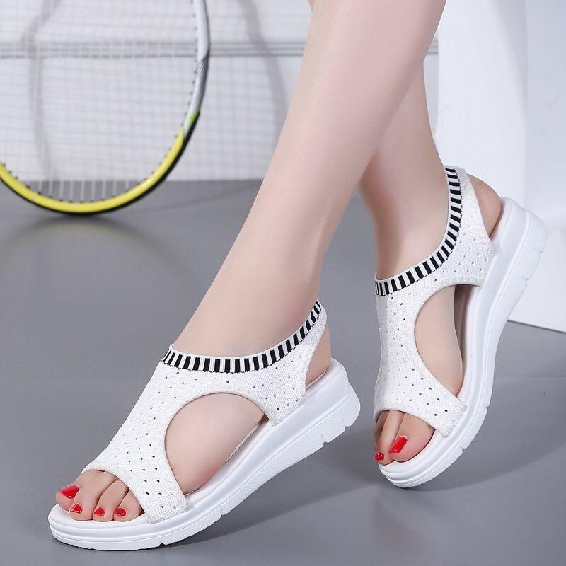 Fish mouth sandals women's wish new large size knitted flat sandals women's summer new beach sandals side trade shoes