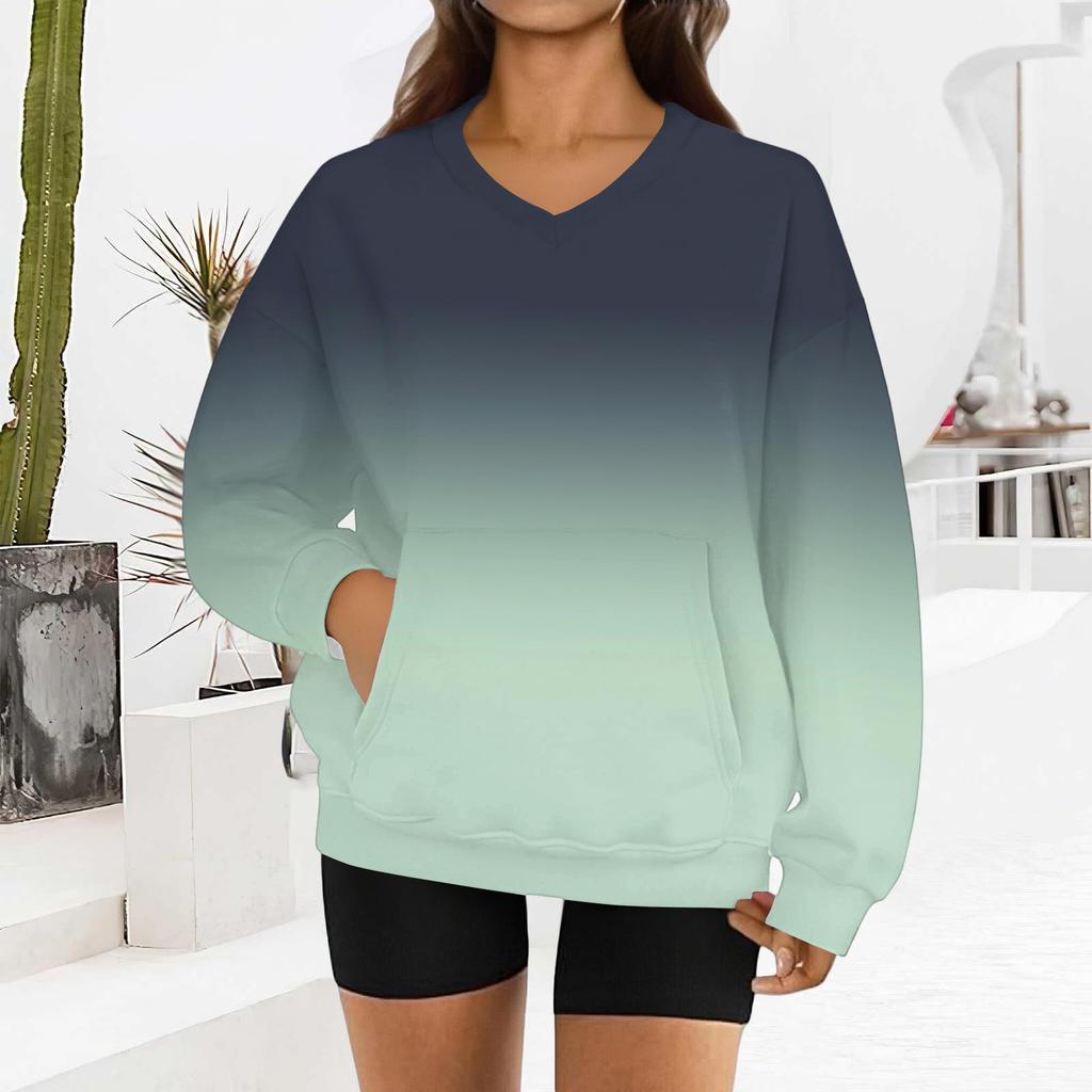 Damenmode Sweatshirt mit Farbverlaufdruck, langen Ärmeln und V-Ausschnitt