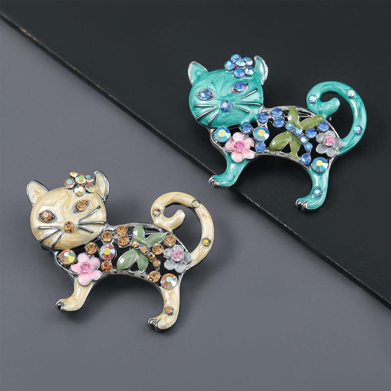 1pc Metal Women Enamel Casual Flower Animal Gifts Rhinestone Brooch Pins Cat Brooches