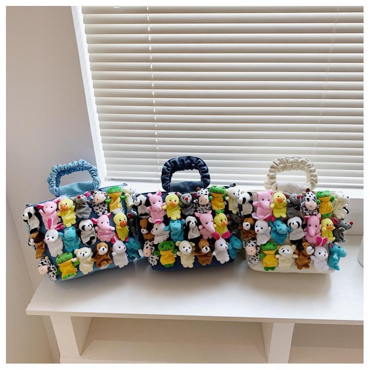 Cartoon Canvas Bag Large Capacity Shoulder Bag With Plush Animal Doll Decor For Casual Women