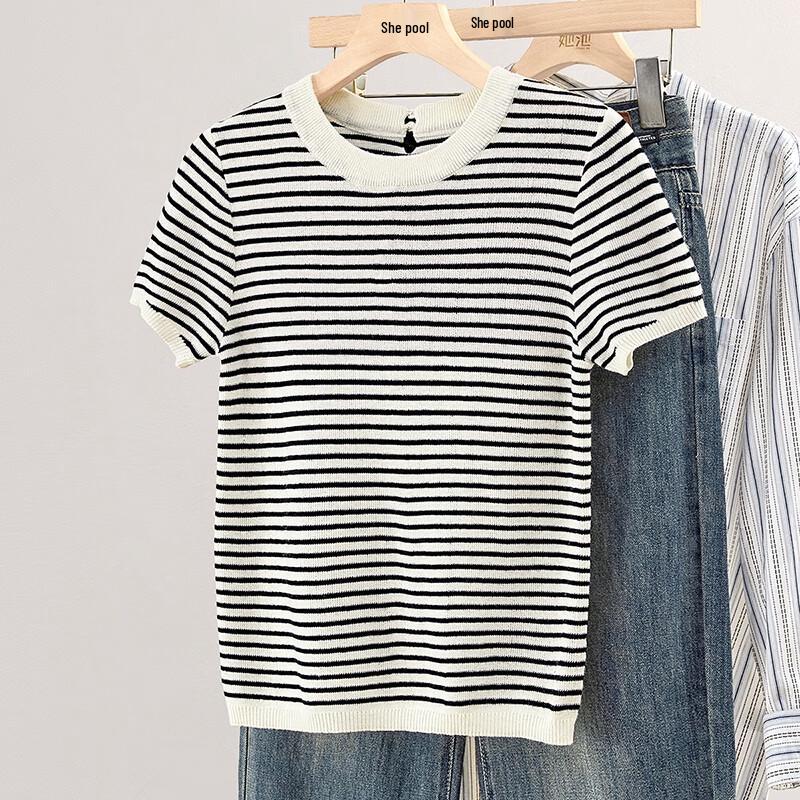Women s Striped Color-block Knit Short Sleeve Top M