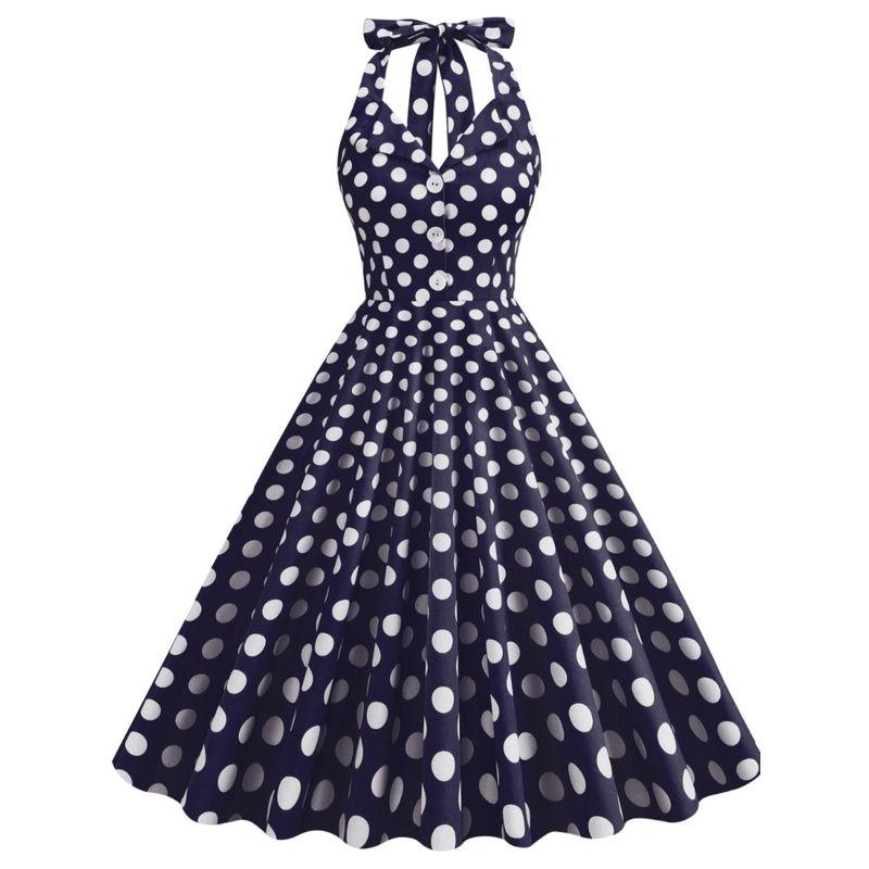 Elegant V-Collar Polka Dot Backless Slim Fit Dress Halterneck