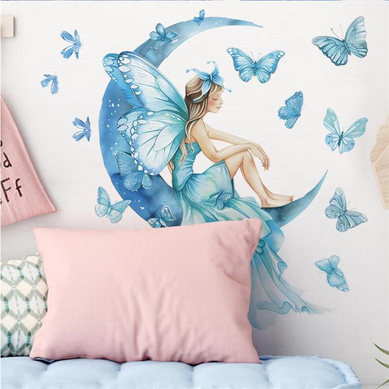 Cute Blue Girls Butterfly Moon Wall Stickers for Kids Decor Bedroom Decoration Living Room Decal