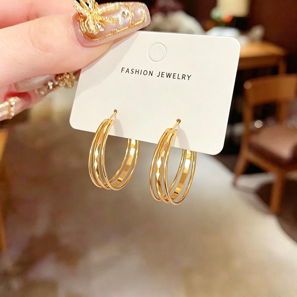Minimalist Geometric Three-Layer Diamond Lattice Patchwork Earrings for Women - Everyday Versatile Ear Jewelry.