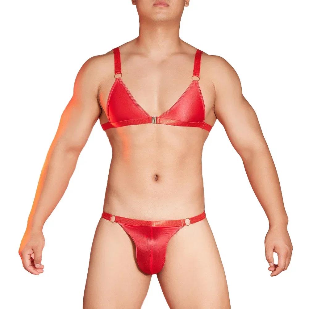 2pcs Men's Sissy Oil Glossy Bra Panties Set Underwear Briefs Thongs T-back Man G-strings Backless Tank Tops