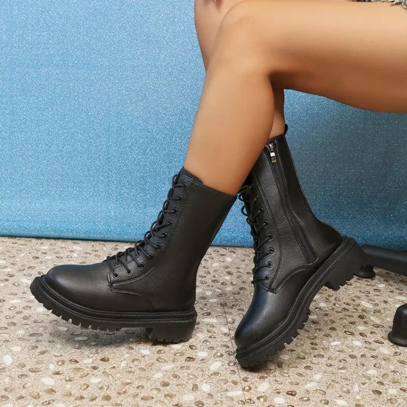 Fashion Lace Up Zipper Midi-Calf Boots For Women Autumn Winter  Solid Platform Modern Boots Woman Square Heel Botas Mujer