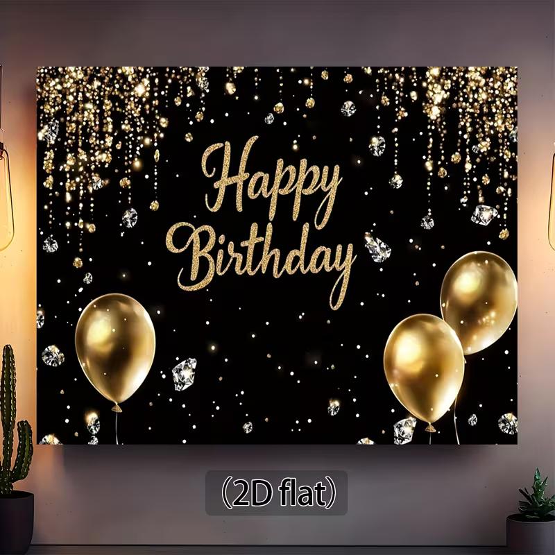 2D Happy Birthday Photo Backdrop Banner Black Gold Glitter Curtain Diamond Party Background Cloth