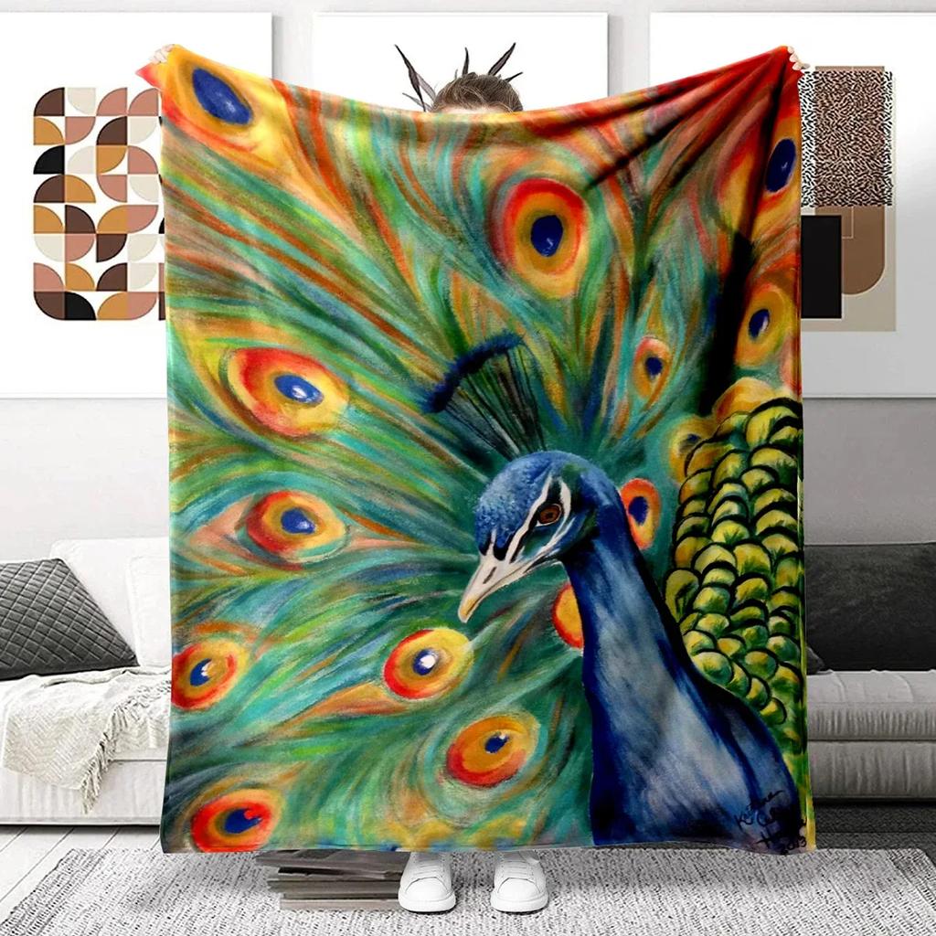 Colorful Peacock Picture Digitalprinted Polyester Bedroom Velvet Flannel Cover Blanket Fleece Soft Sofa Cover Blankets for Beds