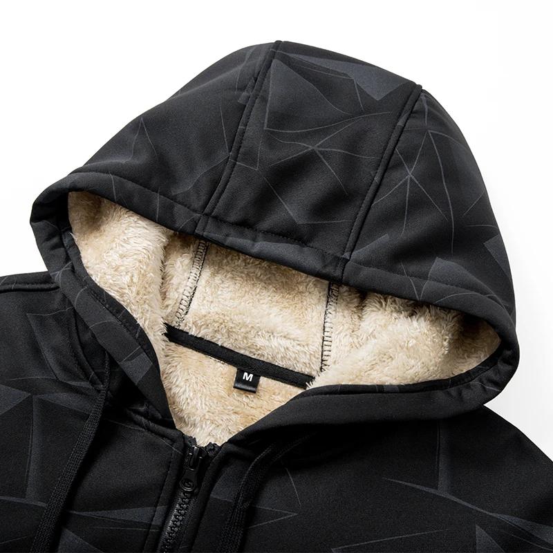Autumn Winter Lamb Fleece Coat Men's Thick Fleece Hooded Jacket Print Warm Hoodies Man