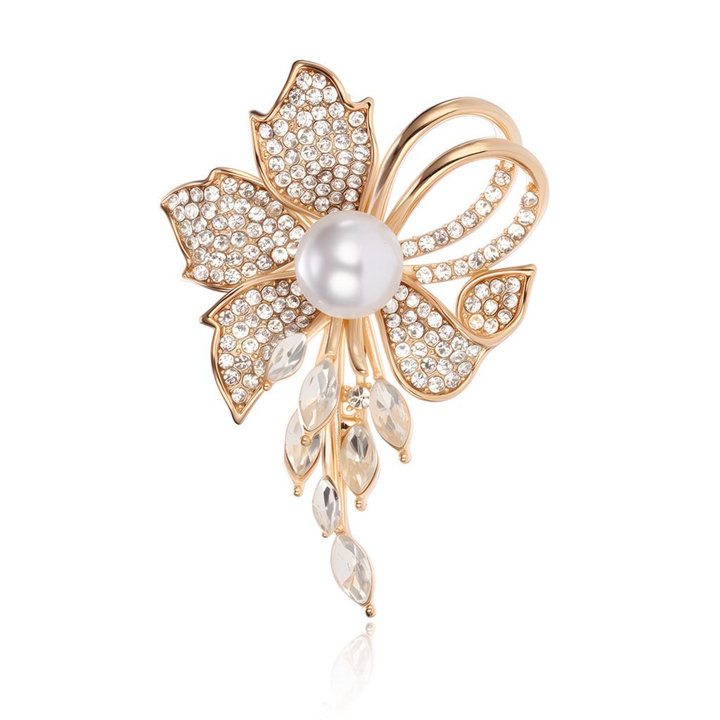 Floral Alloy Brooch Pin With Embedded Crystals For Ladies Fashion