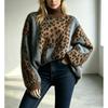 Damen Oversize Leopard Muster Strickpullover Lockerer Sitz Hoher Kragen Langarm Herbst Winter Oberteil