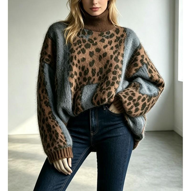 Damen Oversize Leopard Muster Strickpullover Lockerer Sitz Hoher Kragen Langarm Herbst Winter Oberteil