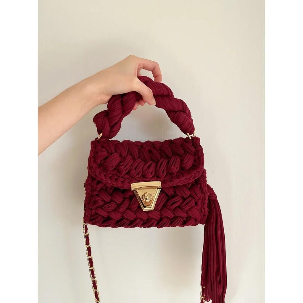 Fashion Wool Knitting Handmade Crochet Shoulder Bag Tassel Fabric Bags for Women Designer Thread Crossbody Fin Bag