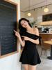 Small black skirt short-sleeved women's dress summer foreign style super fairy bow strap diagonal collar off-the-shoulder short skirt slim fit