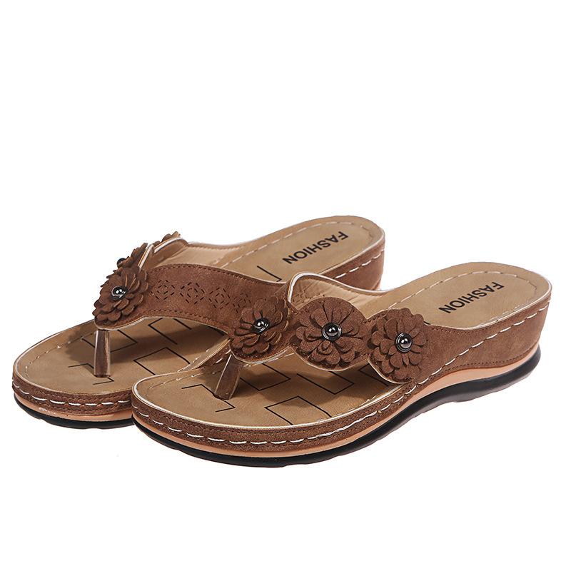 

Wedge heel retro flower super comfortable round head slippers casual women s sandals flip-flops 44 коричневий