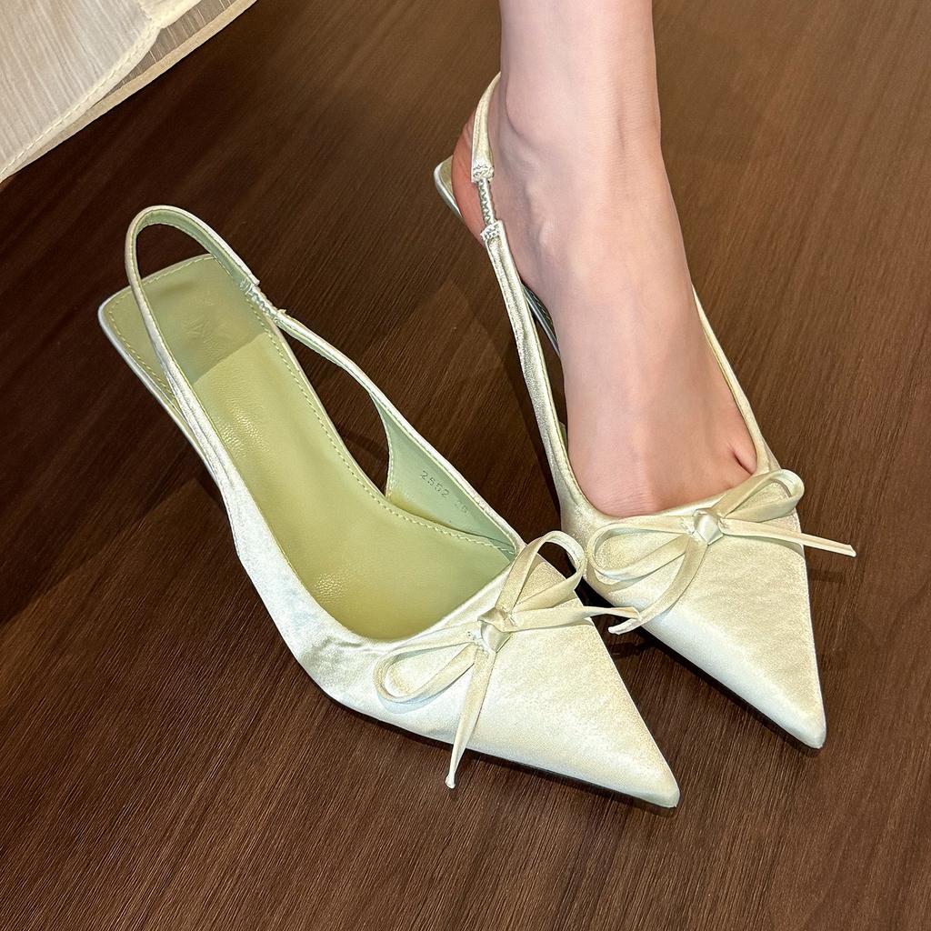 Green wonderland! Satin pointed head bow high heels women's spring light mouth empty sandals