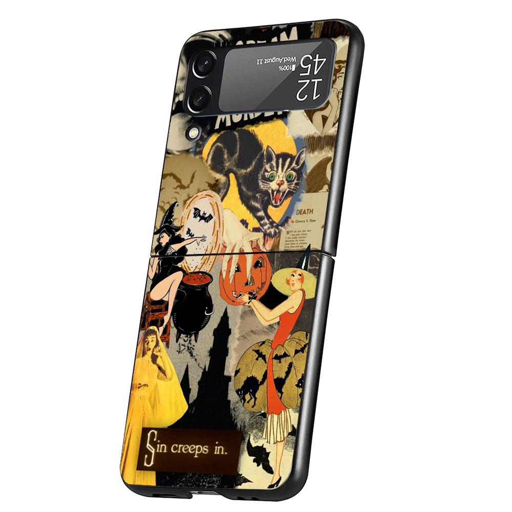 Halloween Fall Art Witch Cat Cover Phone Case For Samsung Galaxy Z Flip 7 6 5 4 3 5G Flip7 Flip6 Flip5 Flip4 Flip3 Black Fundas