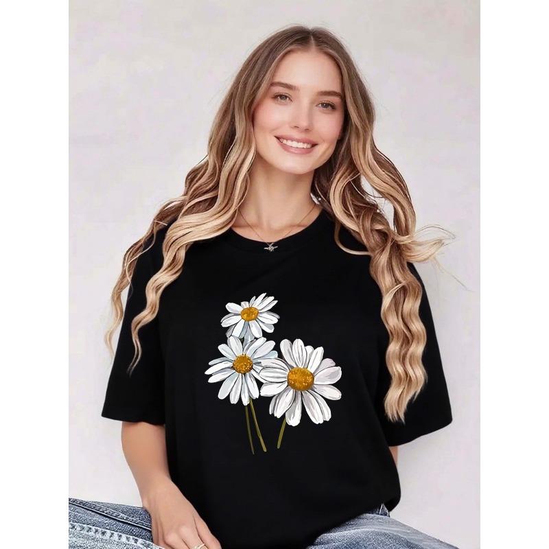 Women s Midnight Botanica Daisy Blossom Print T-Shirt Chic Casual Short Sleeve Top S чёрный