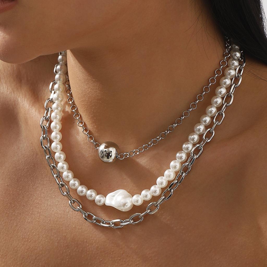 French temperament pearl mix and match light luxury geometric collarbone chain niche hollow chain multi-layer stacked necklace