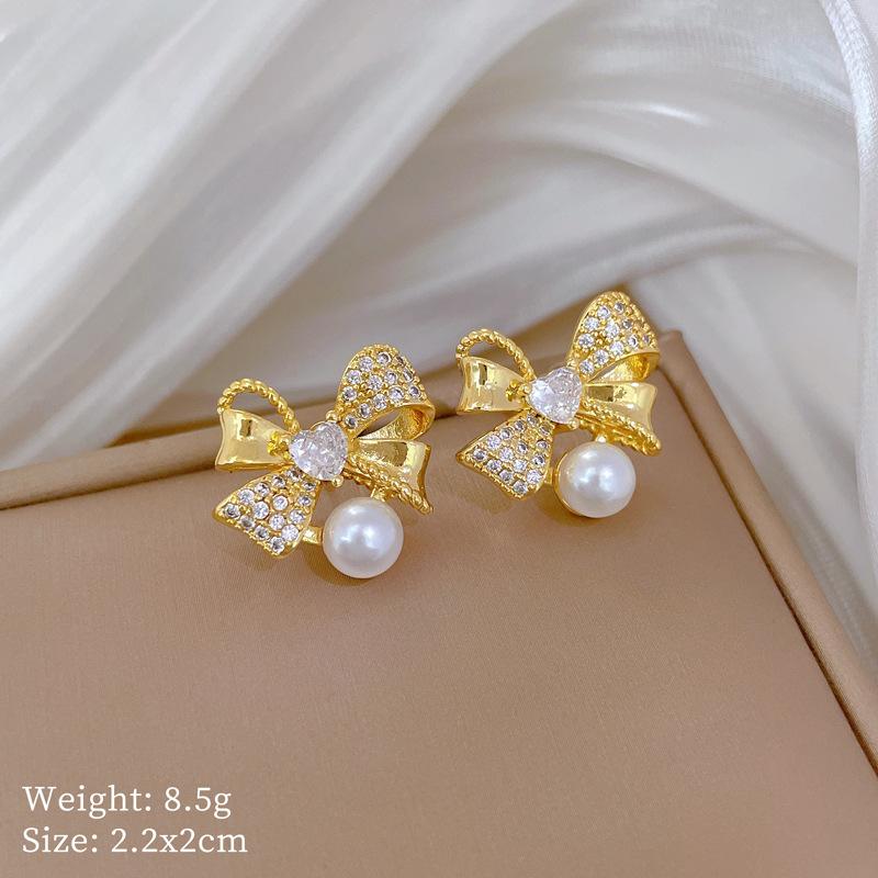 Necklace Earrings Set Light Luxury Full Diamond Bow Pearl Personality Temperament Banquet Earrings Necklace Group