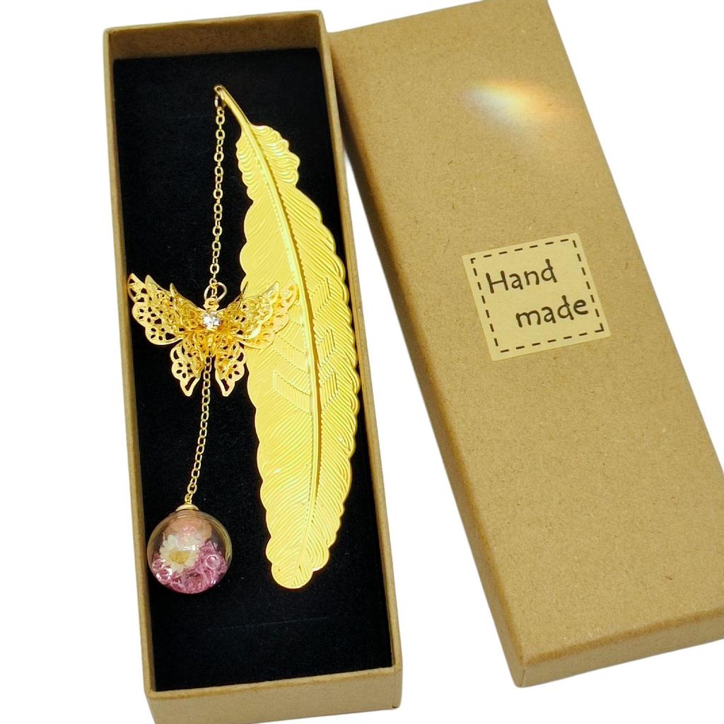Chinese Style Dried Flower Bookmark with Feather, Metal Butterfly & Tassel - Ideal Teacher's Day Gift